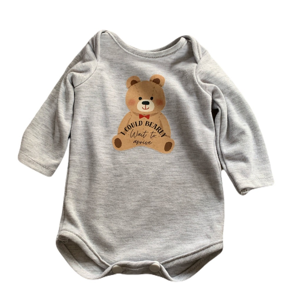 Baby Bodysuit Long Sleeve Gray Teddy‎ Bear "I Could Bearly Wait to Arrive"